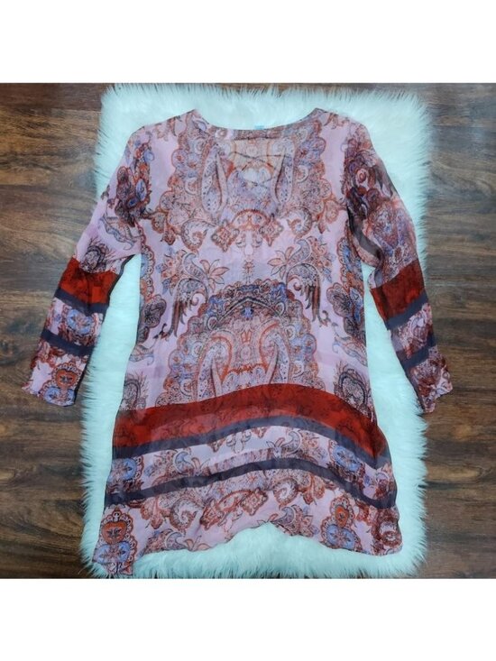 Charlie Jade Silk Womens Paisley Print Boho Tunic Dress M Pink & Red - Picture 2 of 10